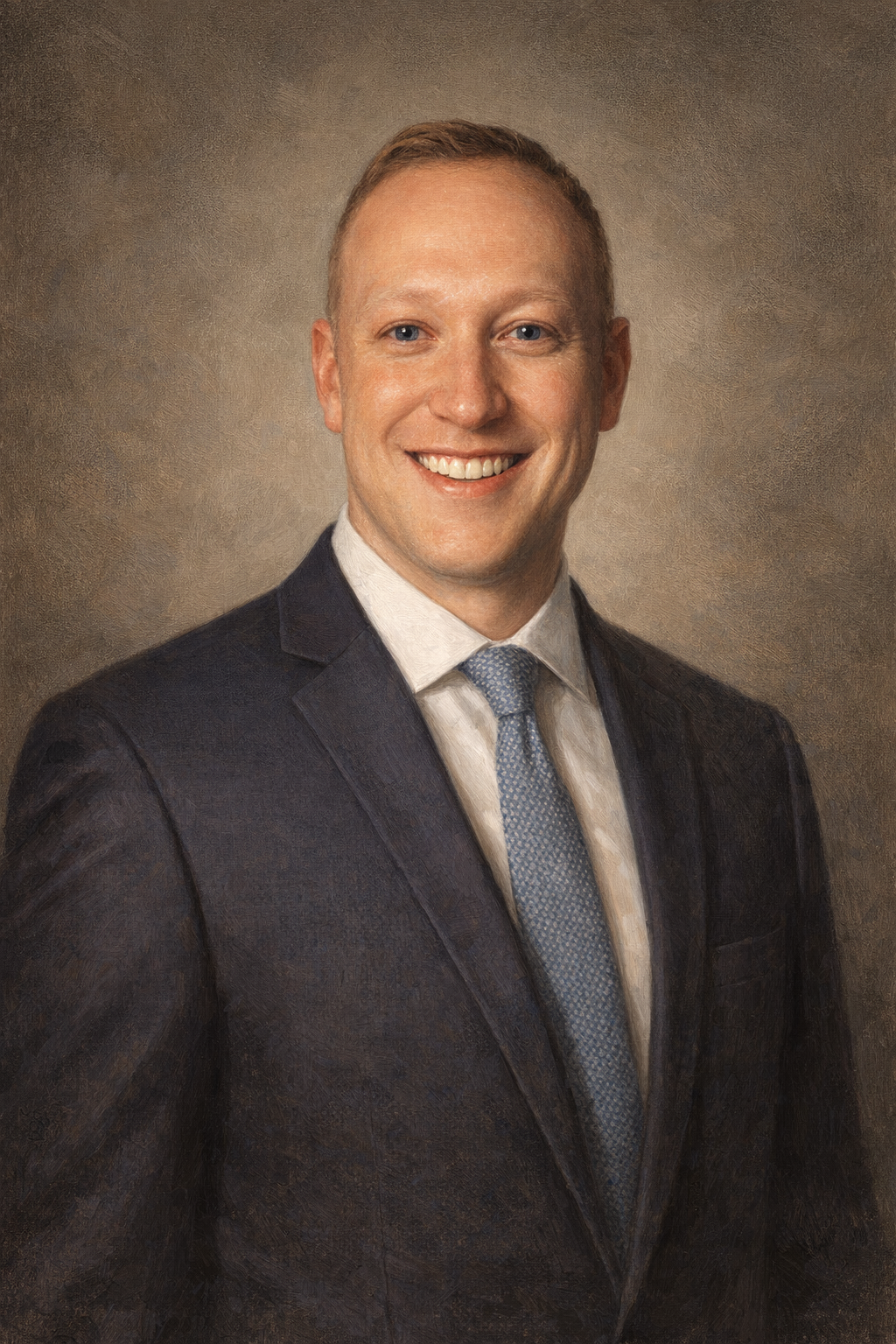 Painted editorial portrait of Justin L. Amos