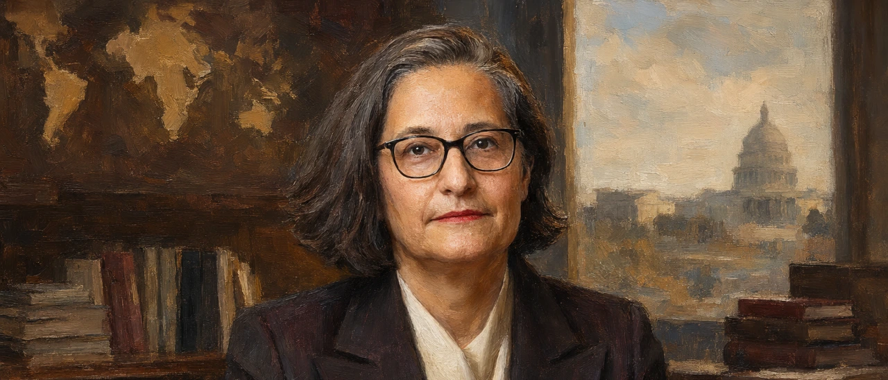 Agnieszka Fryszman in formal court-ready attire, painted editorial portrait