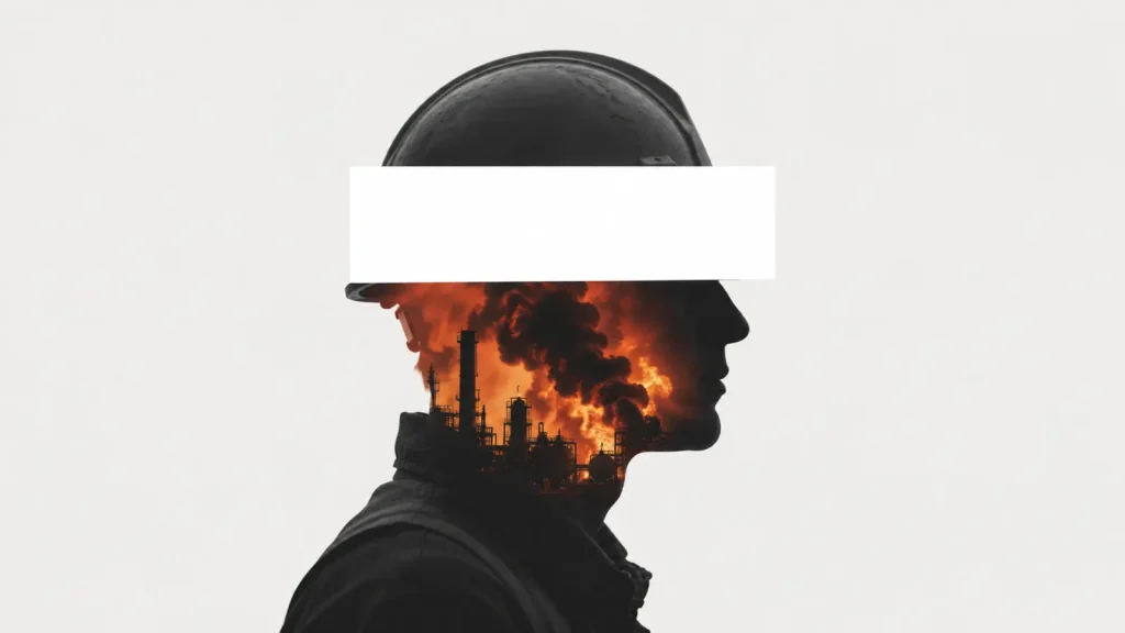 Silhouette of a refinery worker in a hard hat containing the image of a refinery fire, with a blank white bar across the eyes
