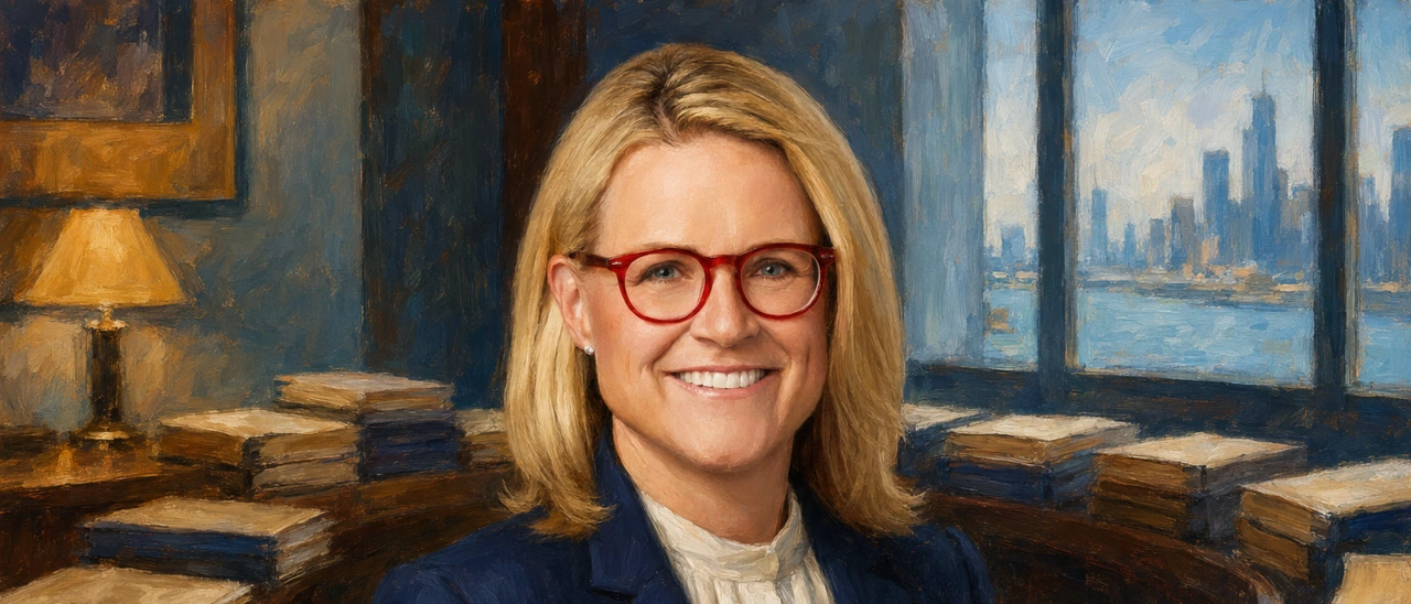 Elizabeth A. Fegan in formal court-ready attire, painted editorial portrait