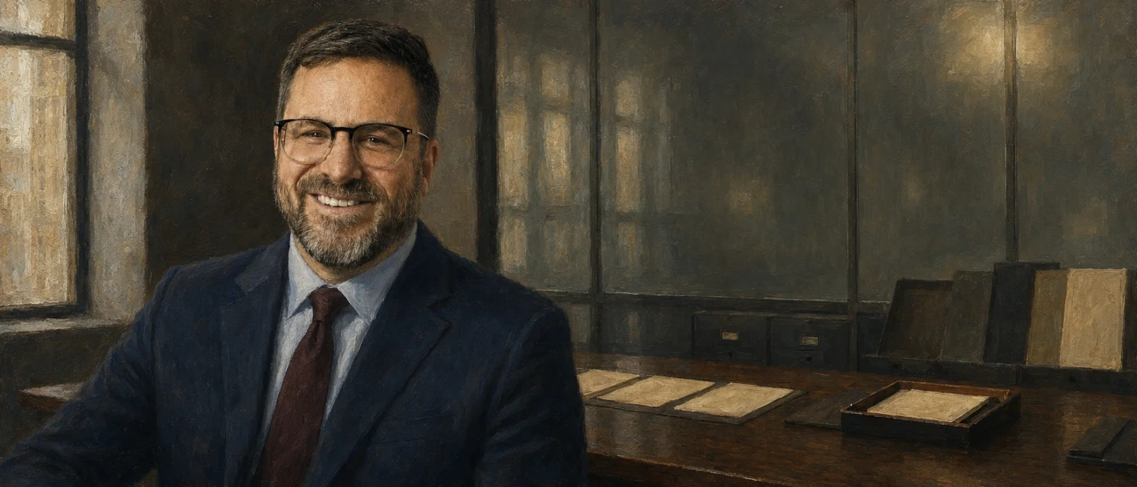 Jay Edelson in a navy suit and tie, painted editorial portrait