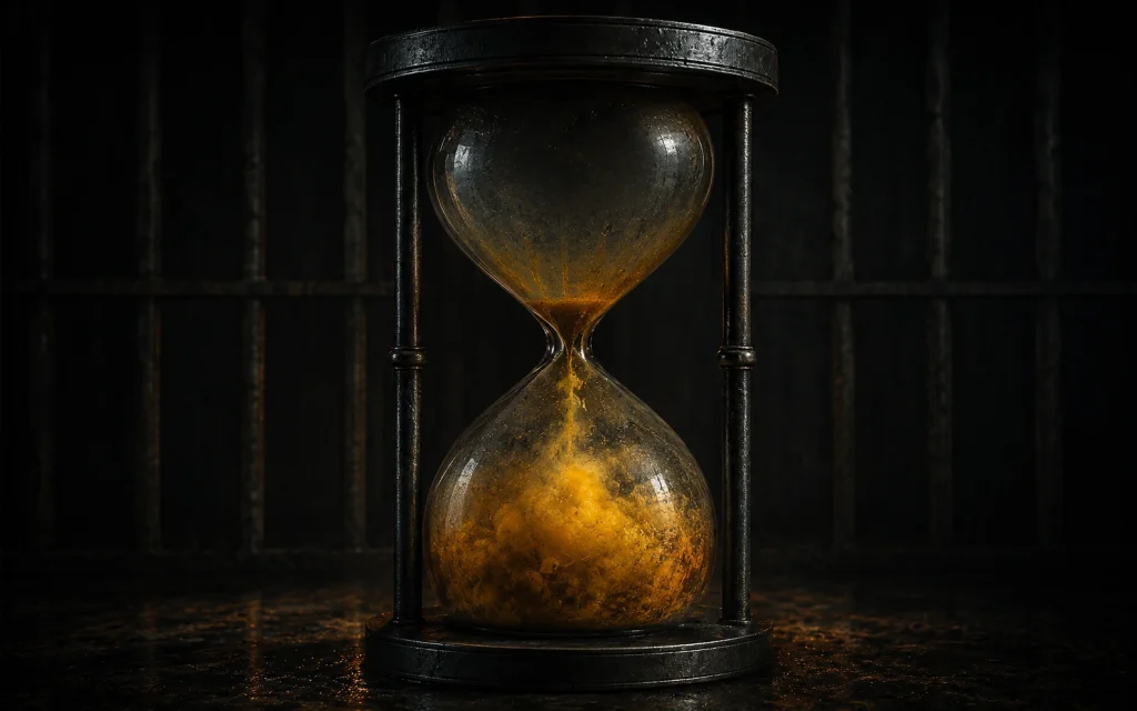 An hourglass filled with dense orange chemical haze against jail bars