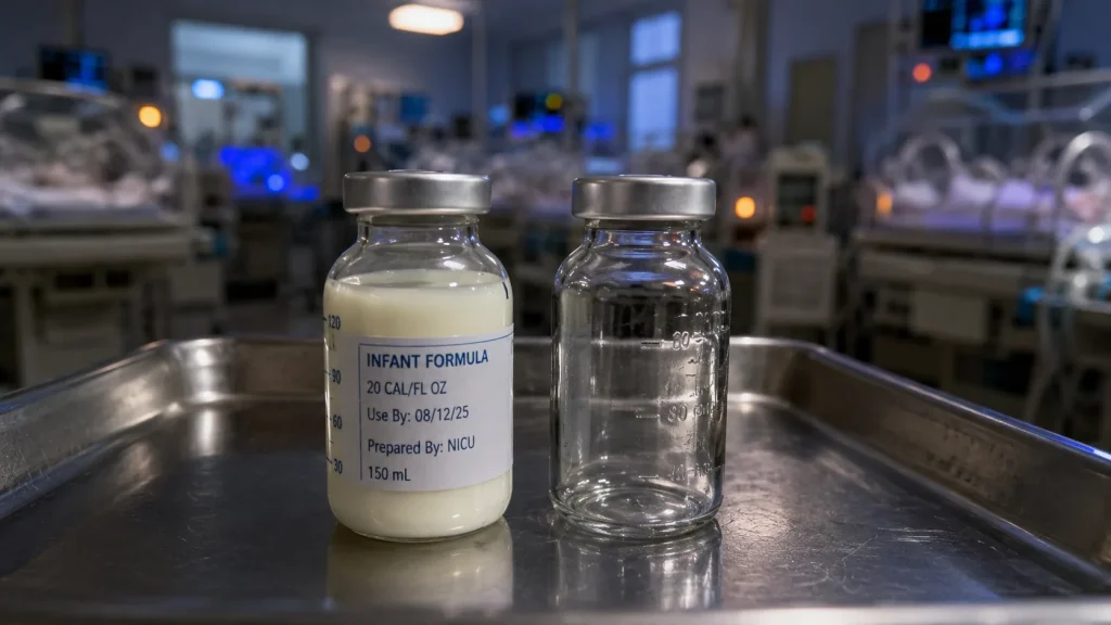 Filled infant-formula bottle beside an empty bottle on a NICU tray