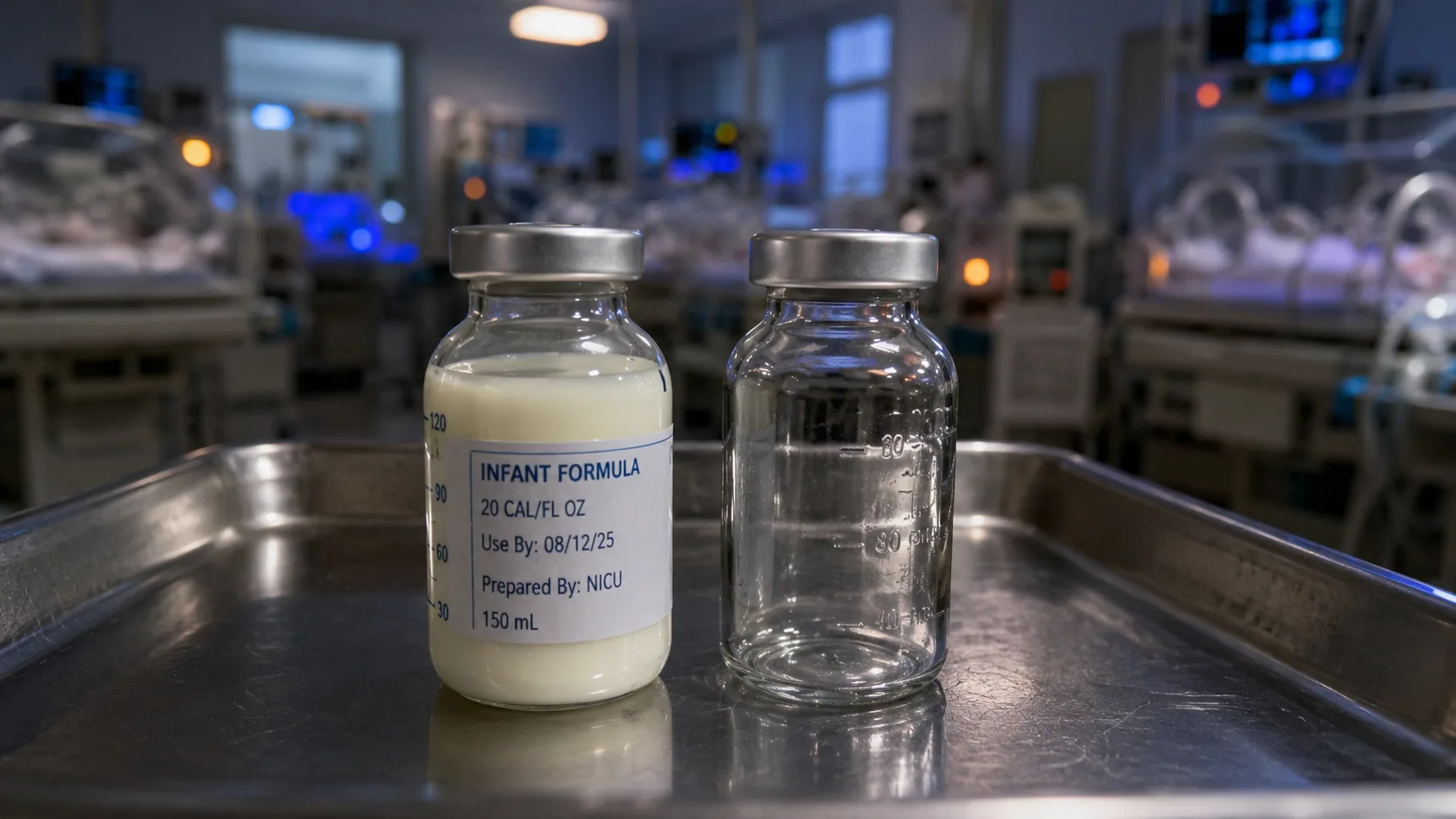 Filled infant-formula bottle beside an empty bottle on a NICU tray