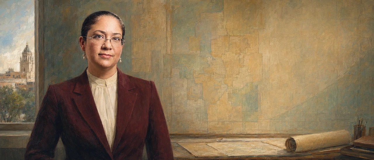 Nina Perales in formal court-ready attire, painted editorial portrait