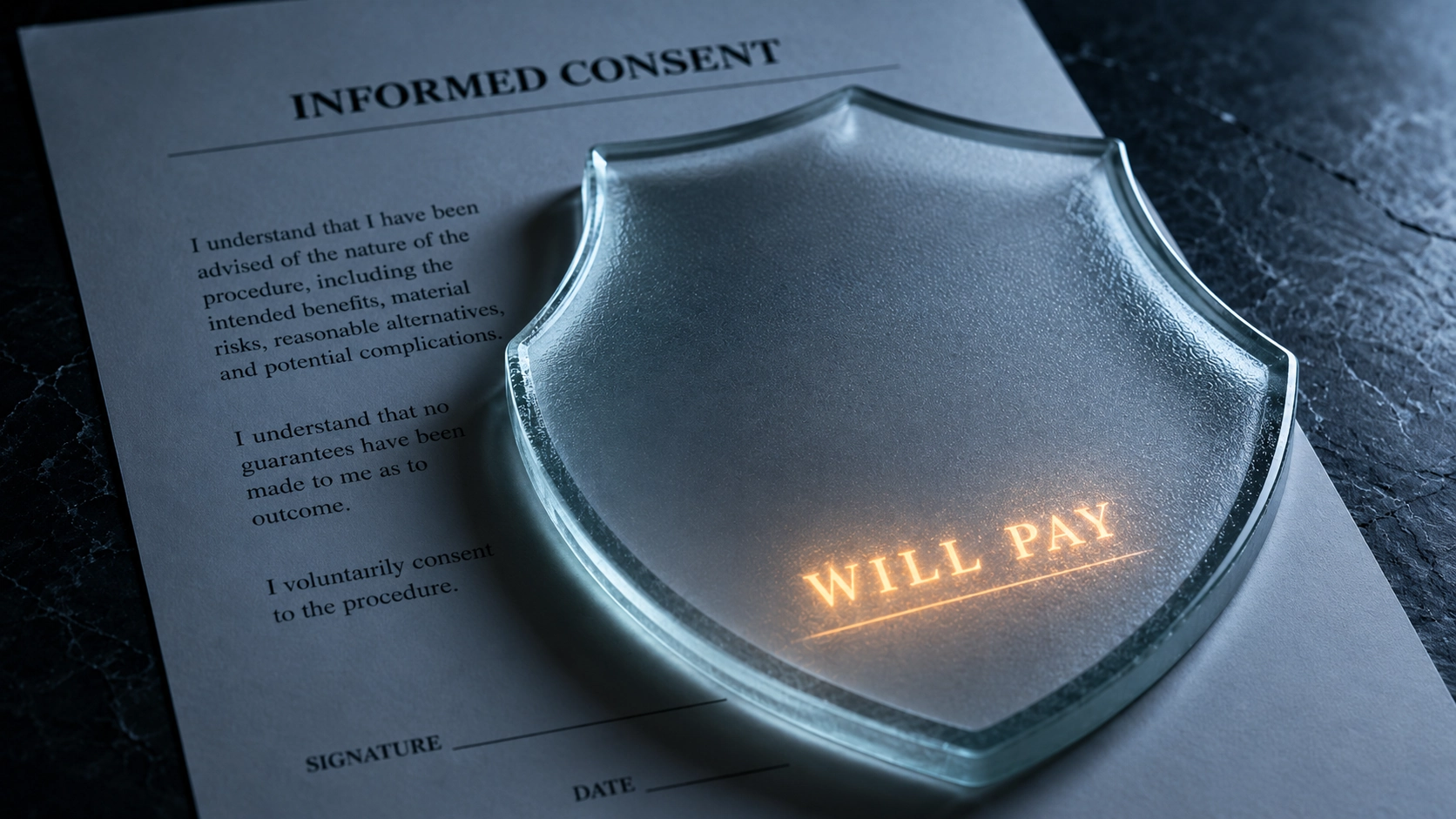 Frosted glass shield covering the glowing words WILL PAY on an informed-consent document