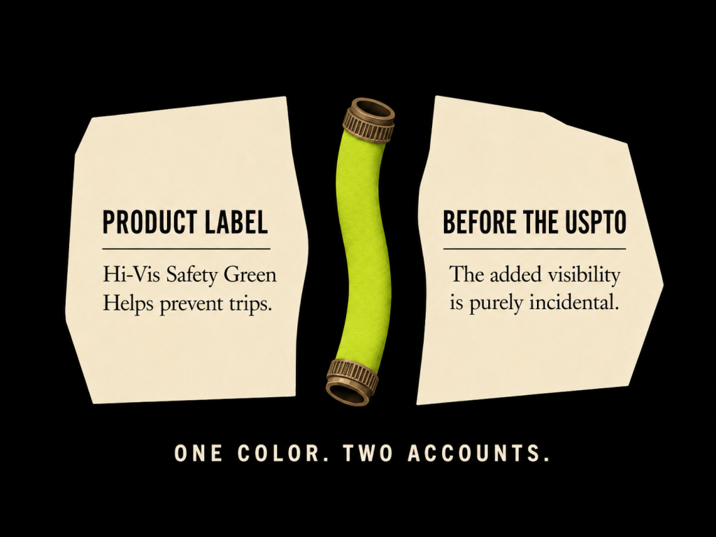 Illustration of a chartreuse hose between conflicting product-label and USPTO statements.