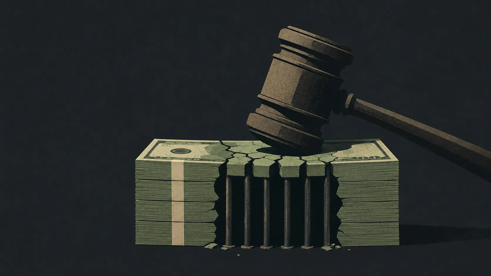 A judge’s gavel breaking a stack of cash into prison bars, illustrating cash bail and pretrial detention.