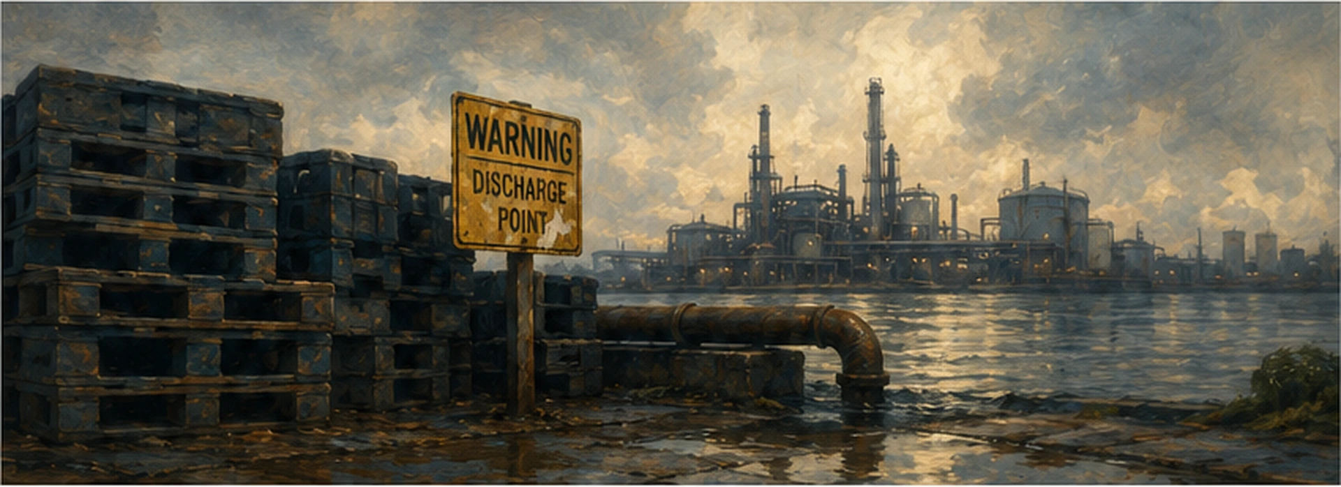 Painterly industrial waterway with dark plastic pallets and a warning sign at the discharge point.