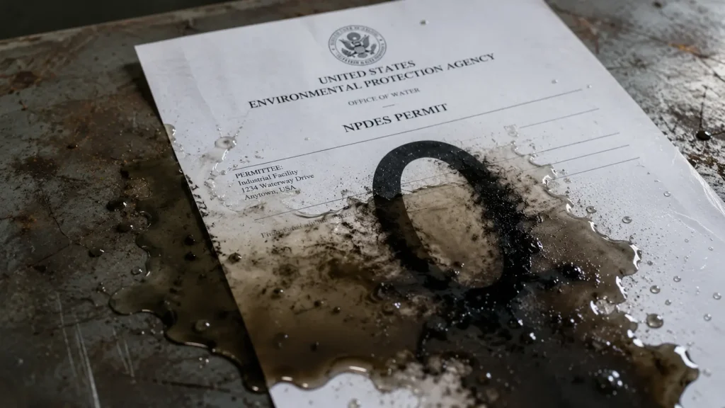 Conceptual image of dark wastewater washing across an EPA NPDES permit and dissolving a printed zero on a scarred steel table.