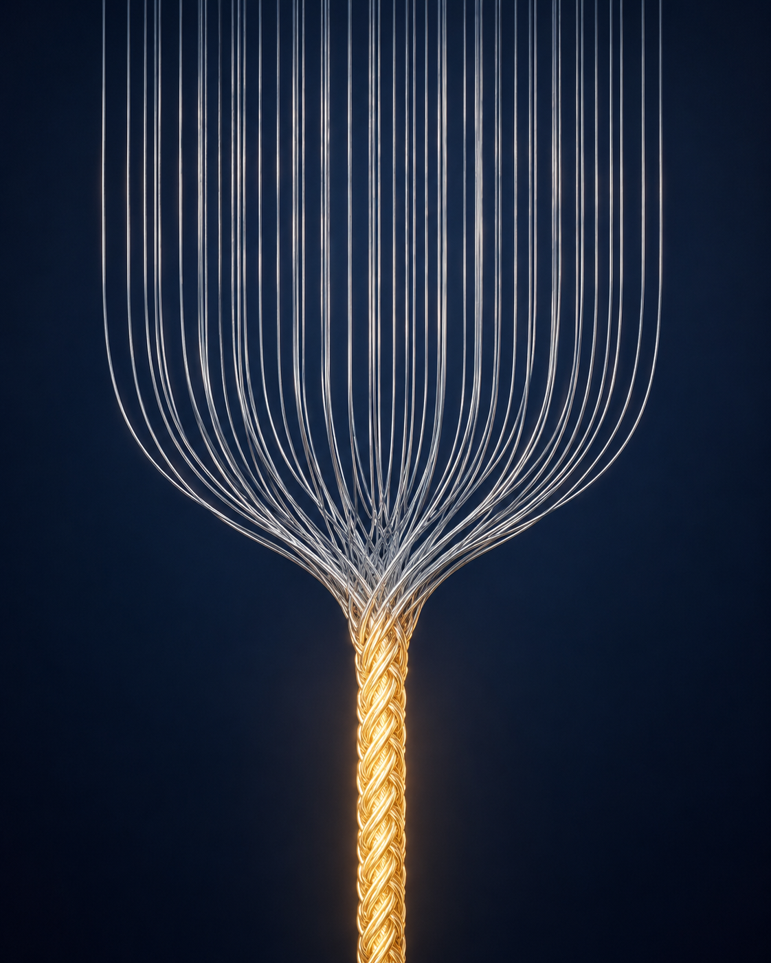 Separate silver strands converge into one glowing gold cord against a deep navy field.