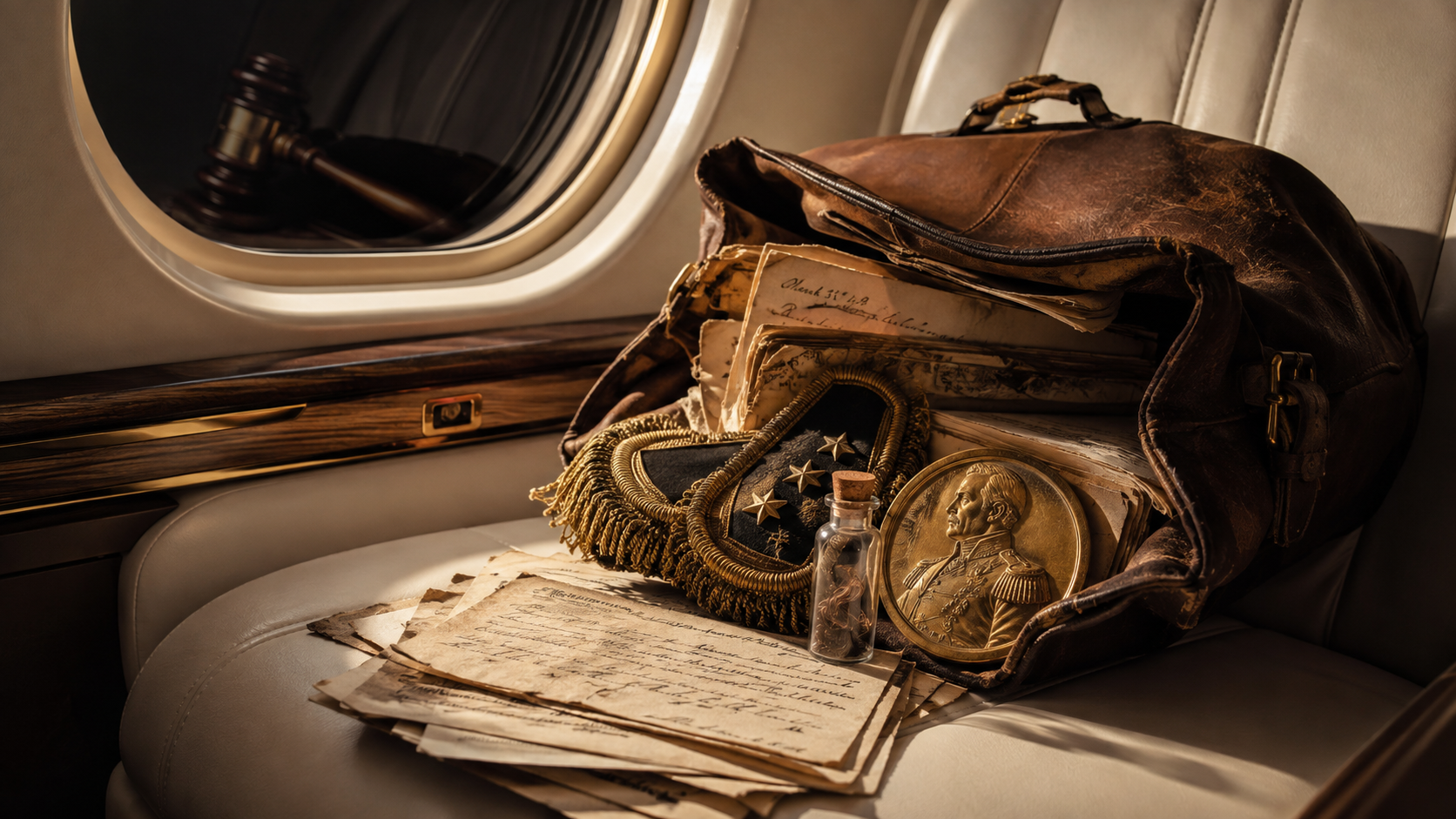 Historic Bolívar collection artifacts and letters arranged inside a private jet cabin