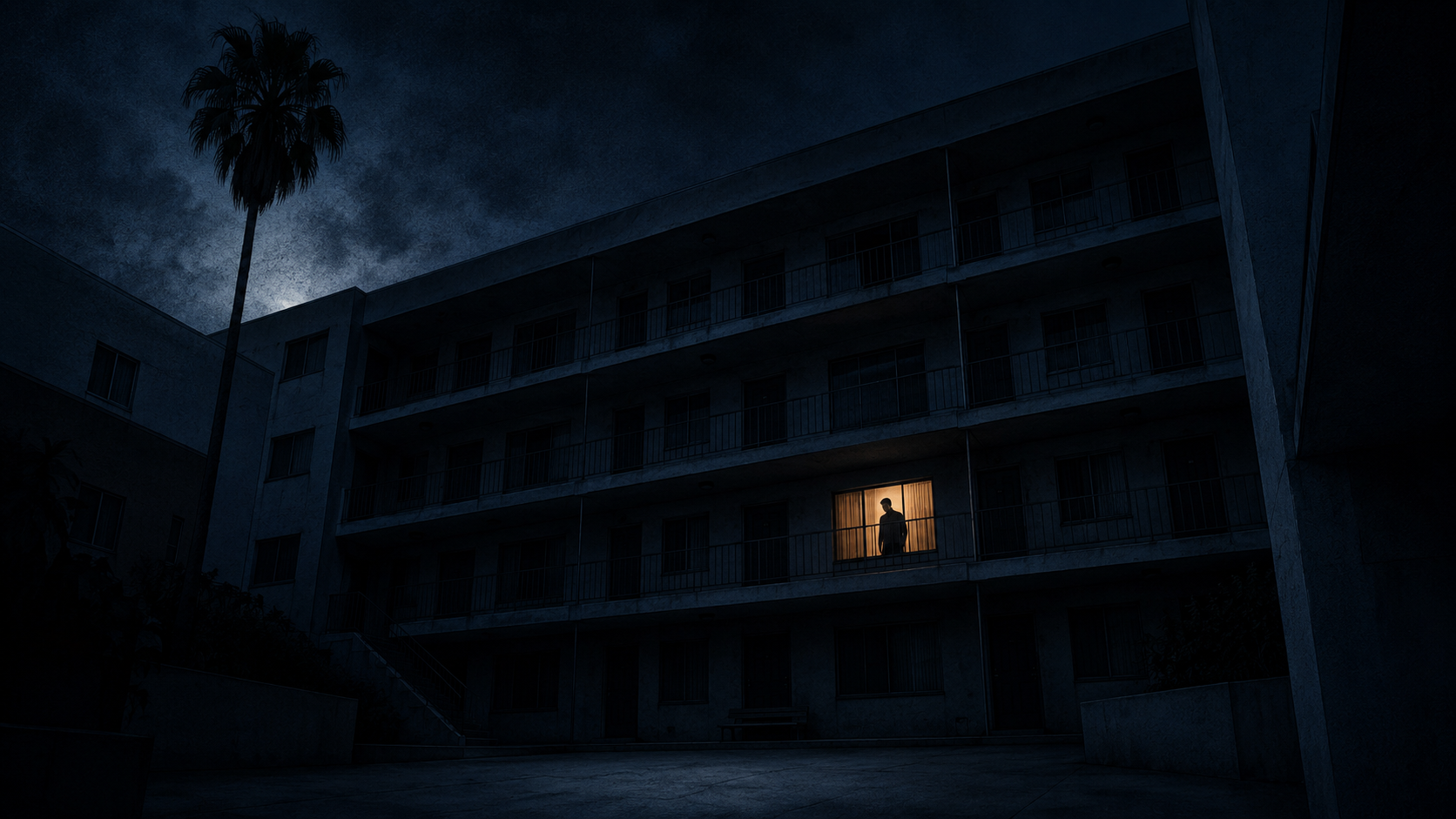 Editorial illustration of a dark Southern California apartment courtyard with one amber-lit window and a solitary witness silhouette.