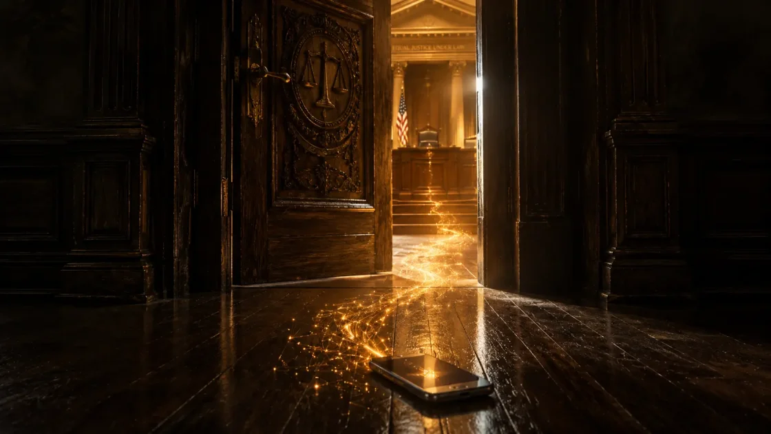 A glowing data trail runs from a smartphone through the open doors of a dark wood courtroom.