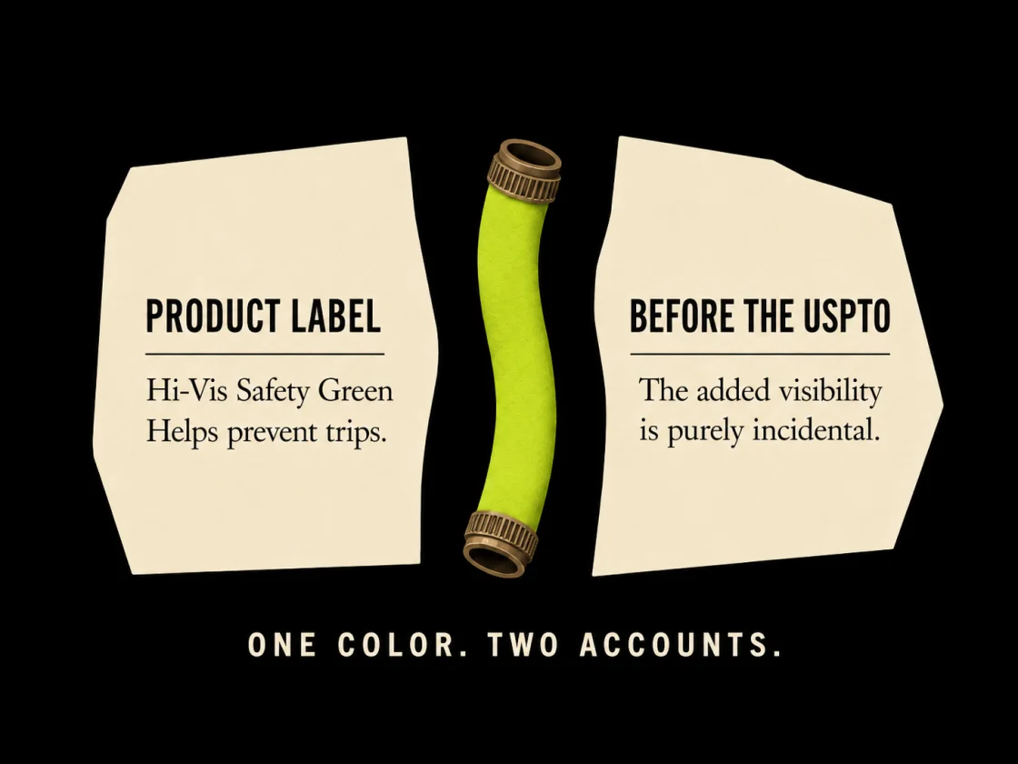 Illustration of a chartreuse hose between conflicting product-label and USPTO statements.