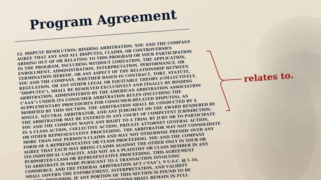 Program Agreement with the phrase “relates to” marked in oxblood beside its arbitration clause