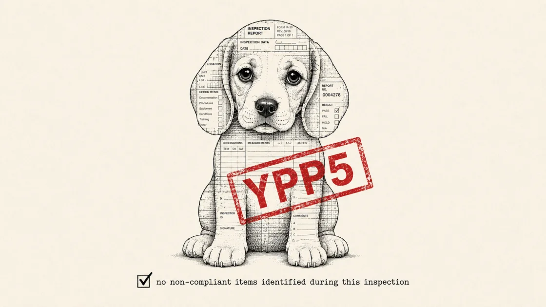 Beagle YPP5 formed from a bureaucratic inspection report, illustrating Wayne Hsiung’s Ridglan Farms rescue.