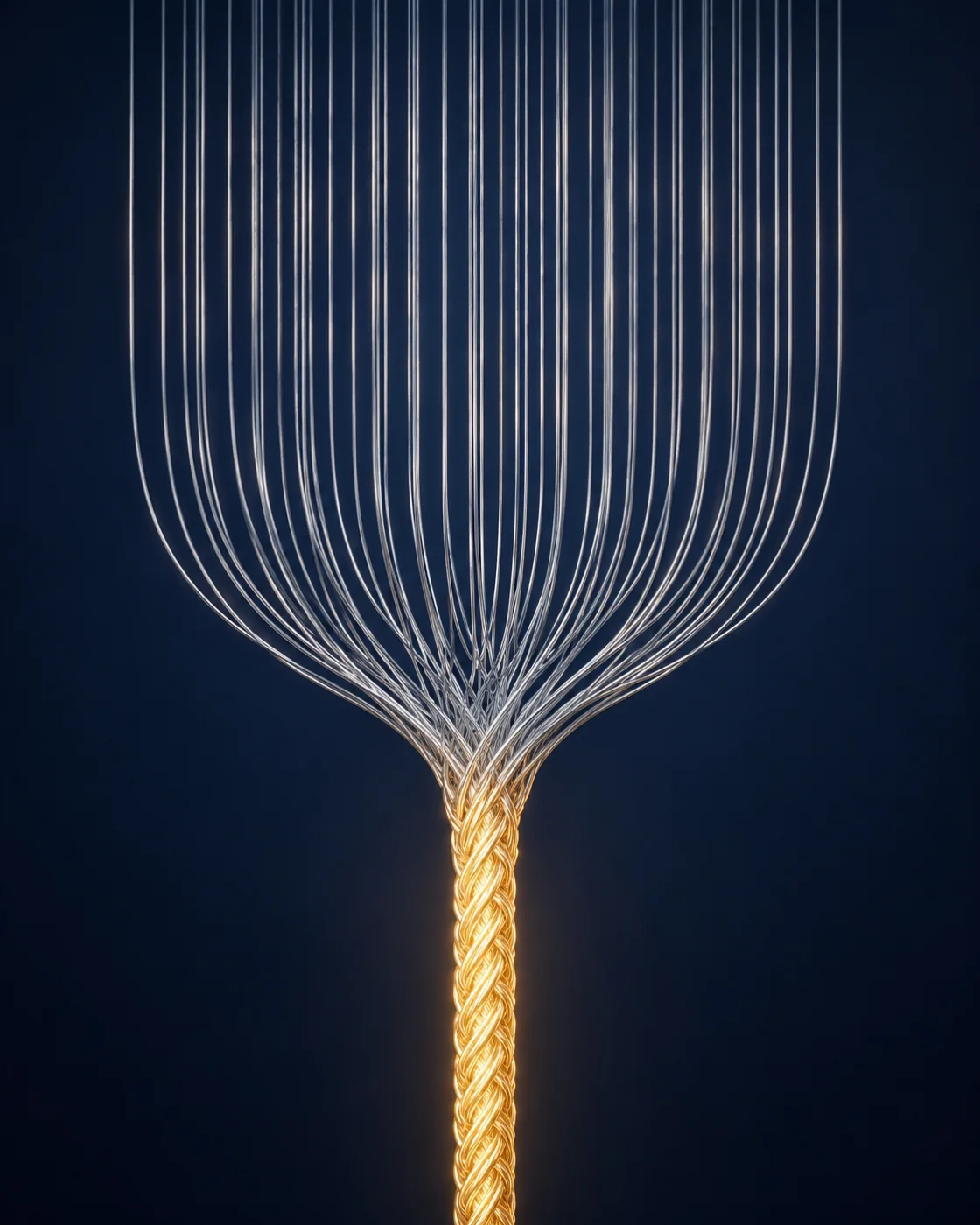 Separate silver strands converge into one glowing gold cord against a deep navy field.