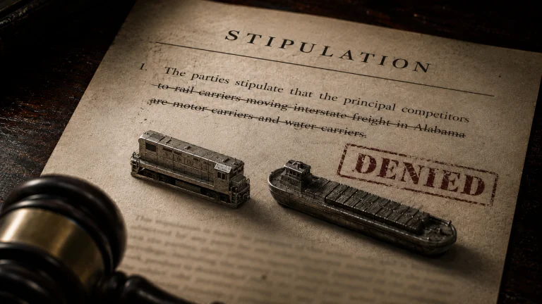 A denied stipulation beside miniature train and barge models representing rail and water carriers.