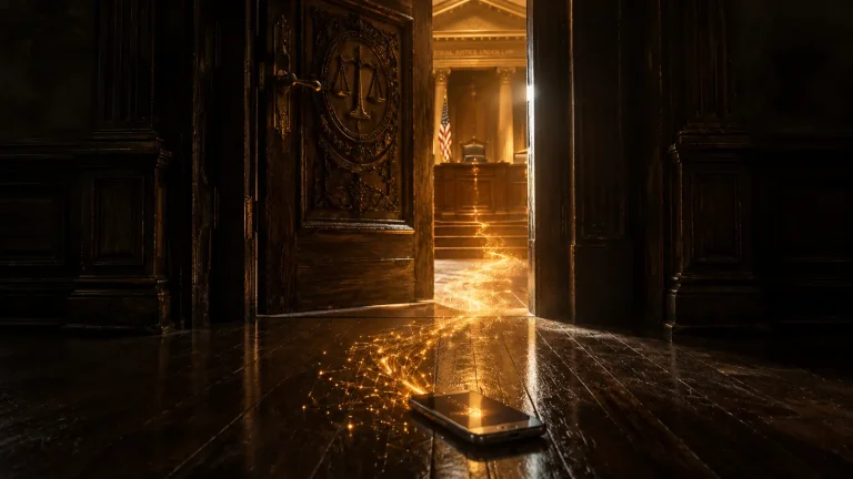 A glowing data trail runs from a smartphone through the open doors of a dark wood courtroom.