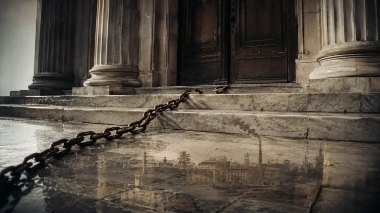 A rusted chain breaks at the closed doors of a federal courthouse, with a Havana factory reflected in wet marble.