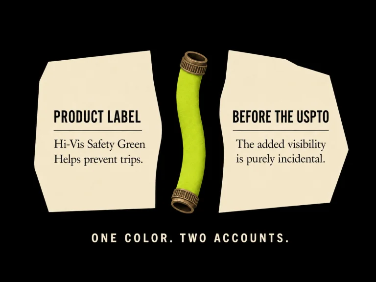 Illustration of a chartreuse hose between conflicting product-label and USPTO statements.