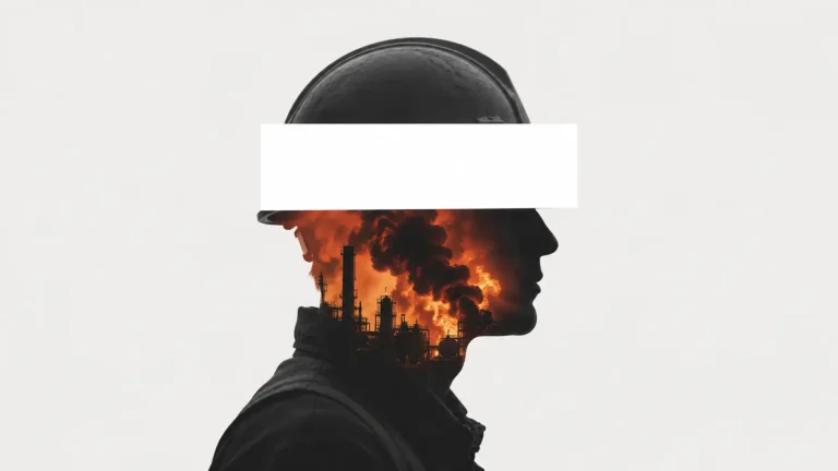 Silhouette of a refinery worker in a hard hat containing the image of a refinery fire, with a blank white bar across the eyes