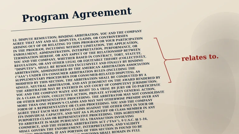 Program Agreement with the phrase “relates to” marked in oxblood beside its arbitration clause