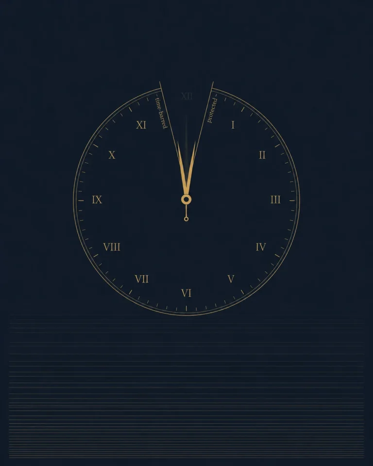 A navy-and-gold clock with a narrow missing wedge labeled time-barred and protected above layered lines representing accumulated software dependency
