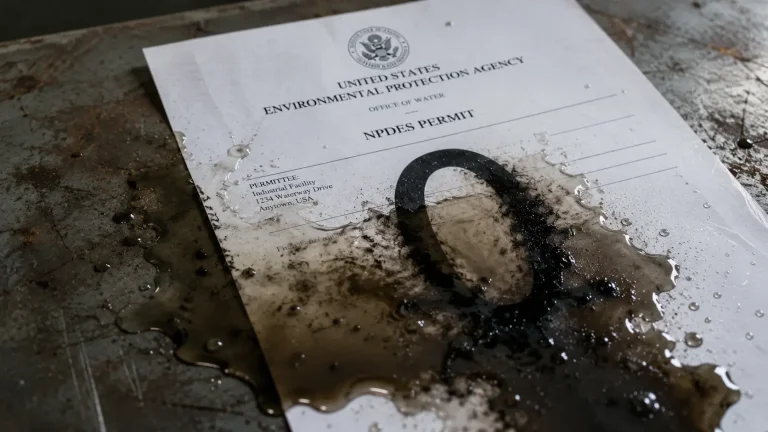 Conceptual image of dark wastewater washing across an EPA NPDES permit and dissolving a printed zero on a scarred steel table.