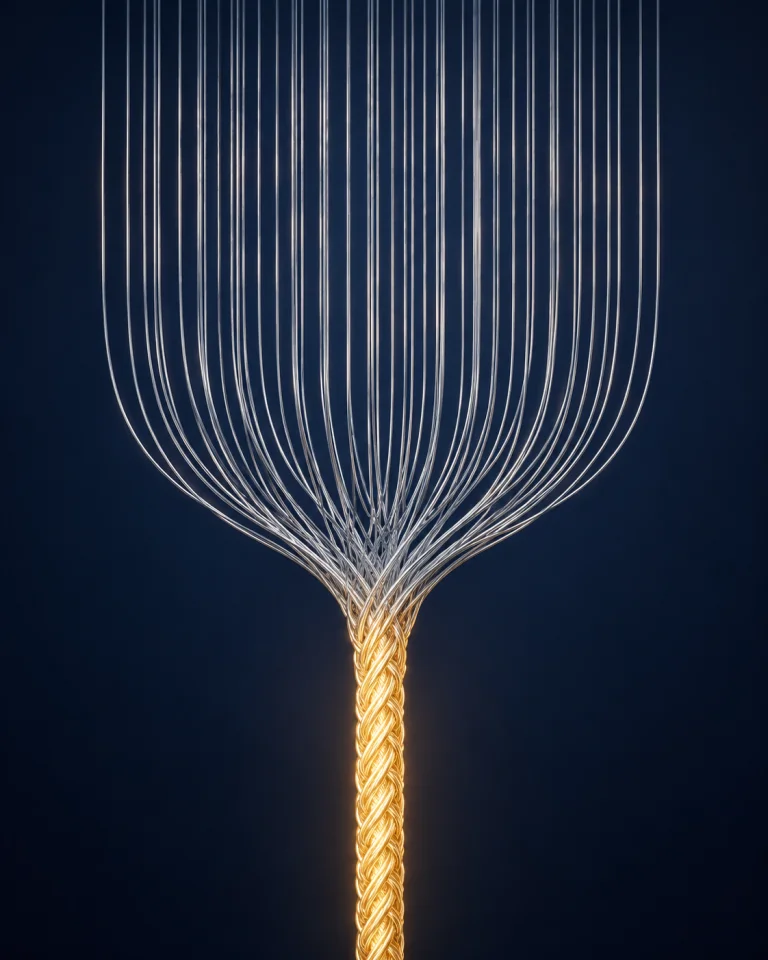 Separate silver strands converge into one glowing gold cord against a deep navy field.